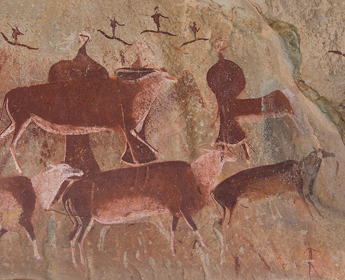 San rock art at Gamepass shelter in the Drakensburg Mountains, South Africa.